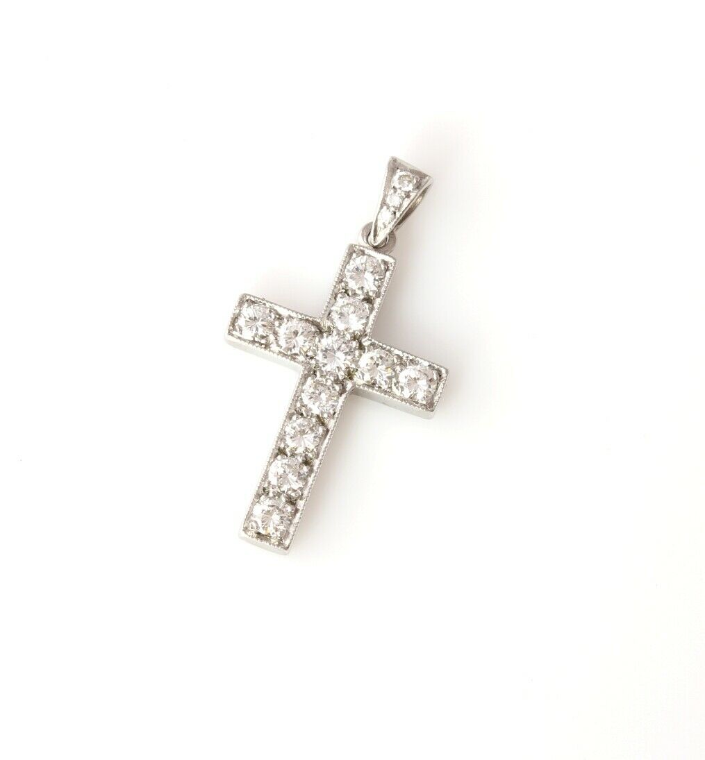 Platinum and Natural 0.90 ct Diamond Cross Pendant Necklace Charm. Gift