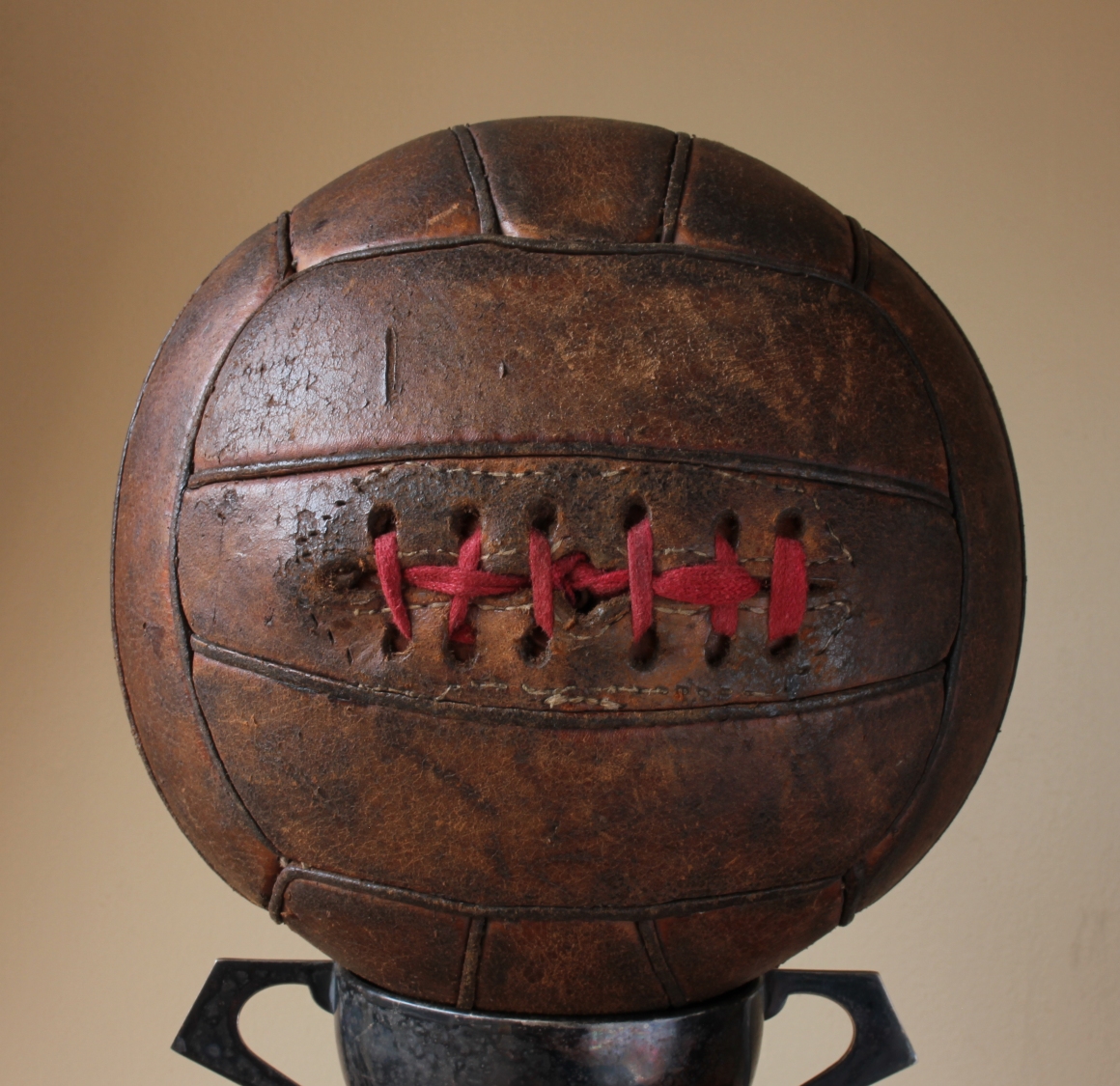 c1950 Dark Brown Leather Football. Red Lace 18 Panel Soccer Ball.