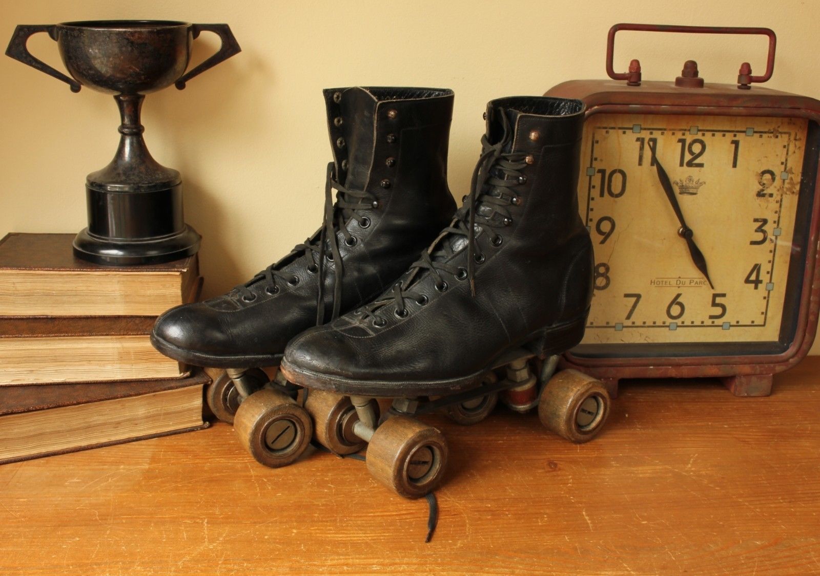 Antique Joh Pet Becker Roller Skating Boots. Vintage Wood Wheel Skates