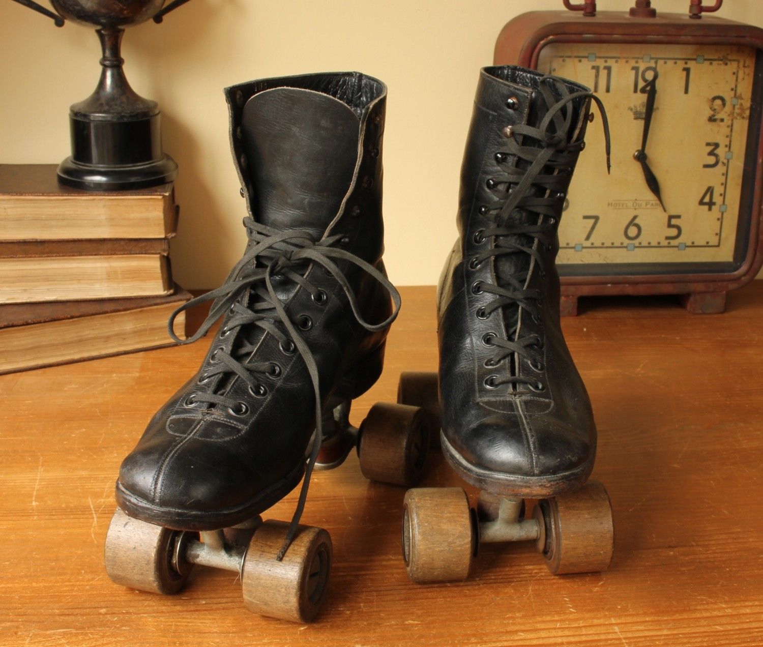 Antique Joh Pet Becker Roller Skating Boots. Vintage Wood Wheel Skates