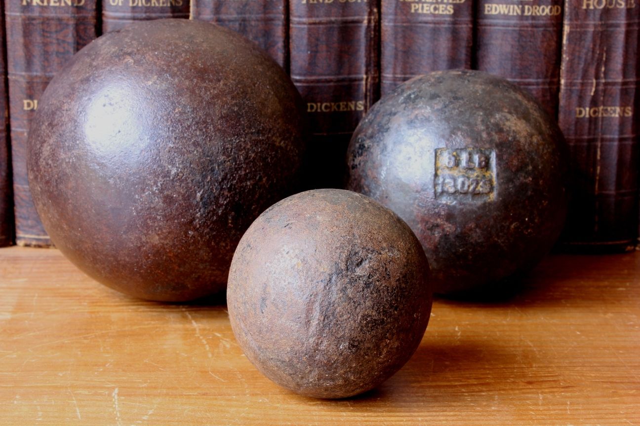 Three Cast Iron Shot Puts. 16, 8 & 4 lbs Balls.