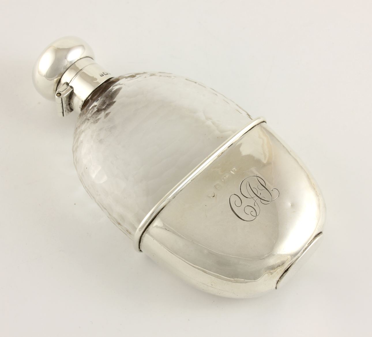Antique Solid Silver & Textured Glass Spirit Whisky Hip Flask & Cup. 1906.