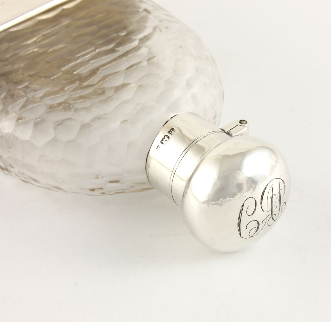 Antique Solid Silver & Textured Glass Spirit Whisky Hip Flask & Cup. 1906.