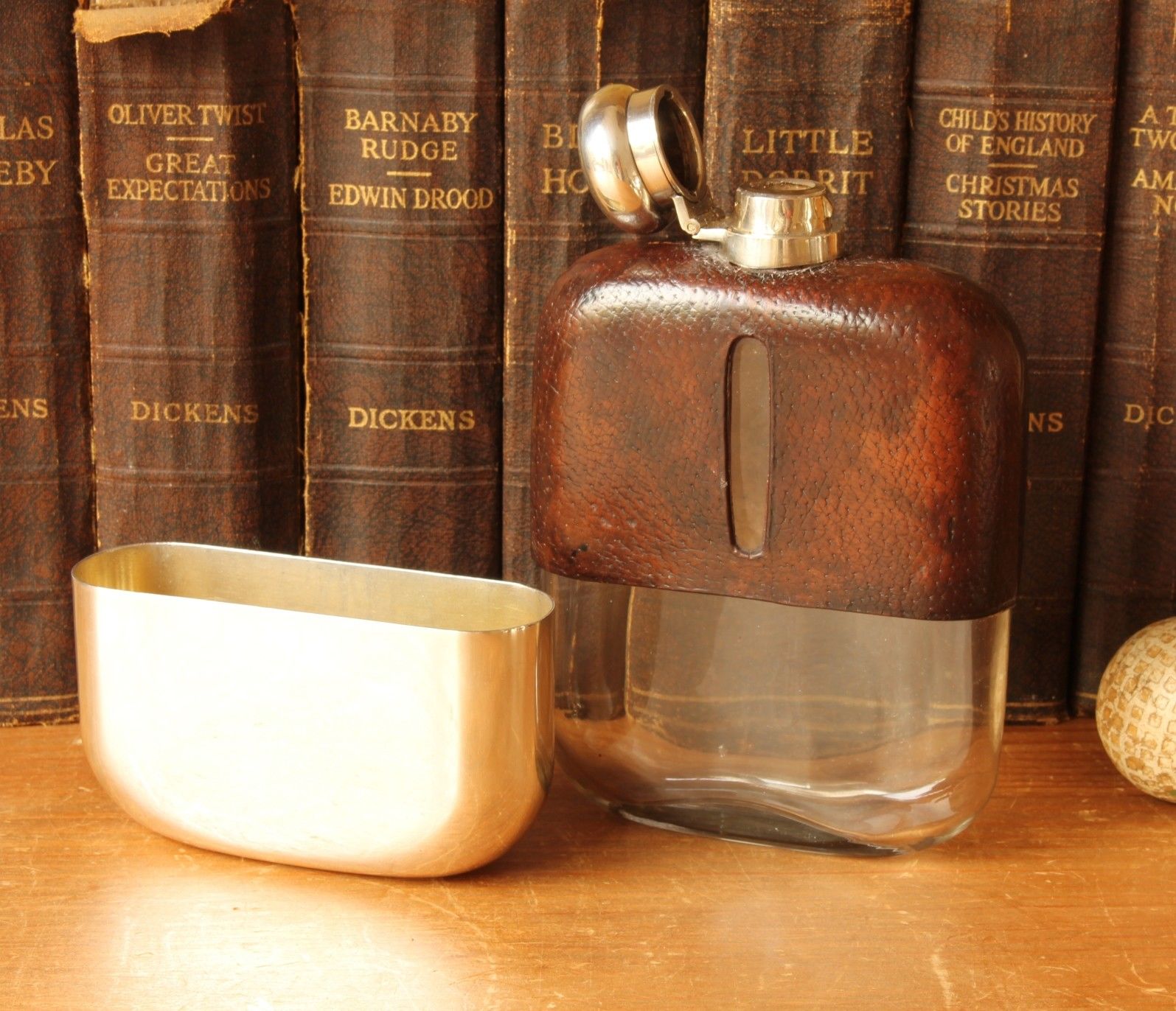 Silver Leather Spirit Hip Flask With Cup & Flip Top Antique James Dixon