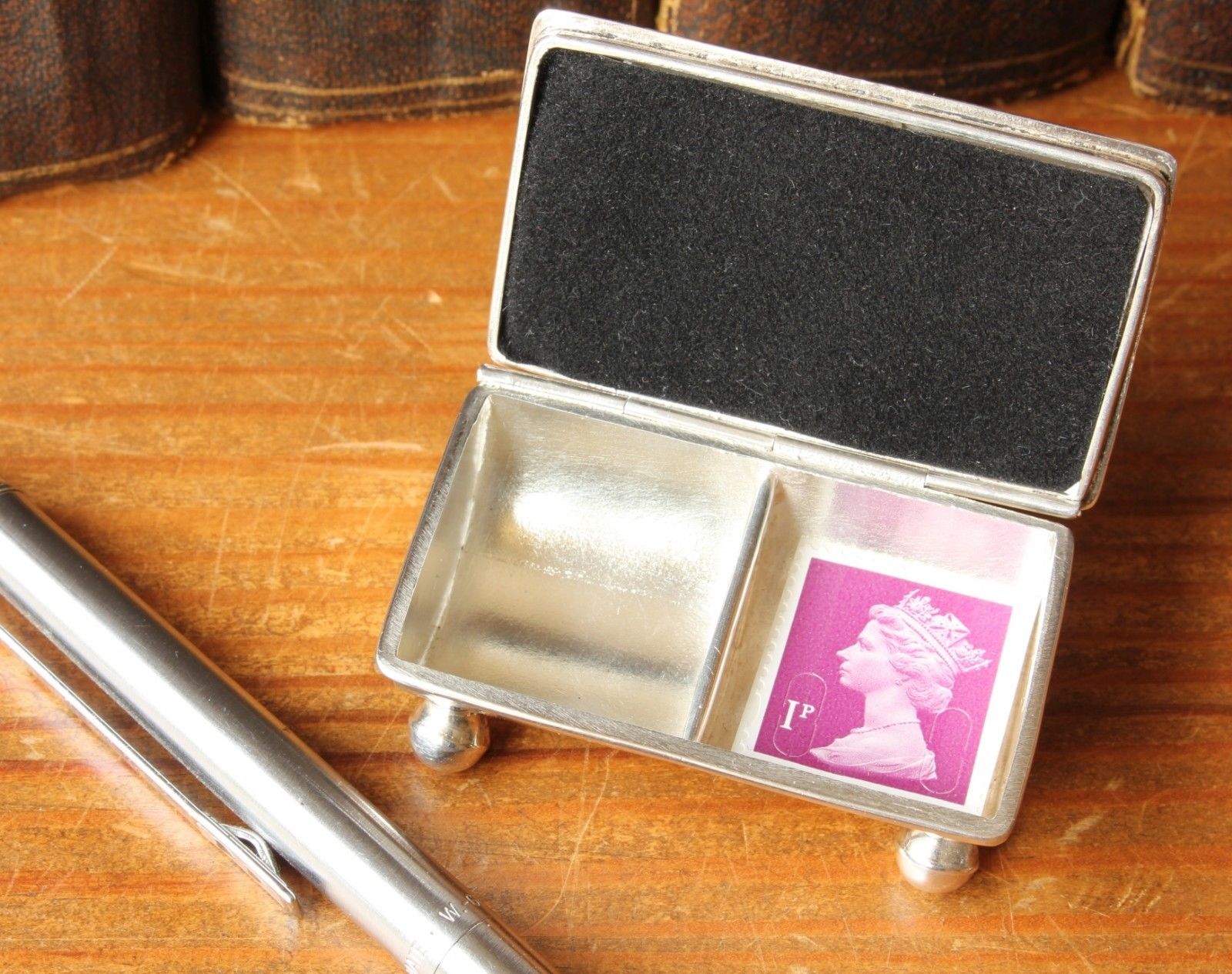 Hallmarked Sterling Silver Postage Stamp Desk Box Double Holder Case.