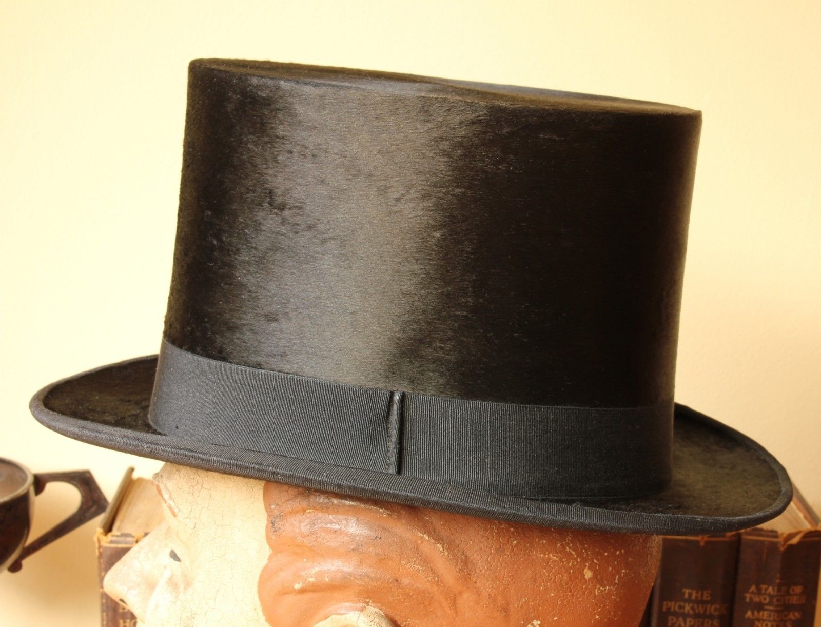Antique Black Top Hat. Vintage Moleskin Plush Silk Belgium Box. Large