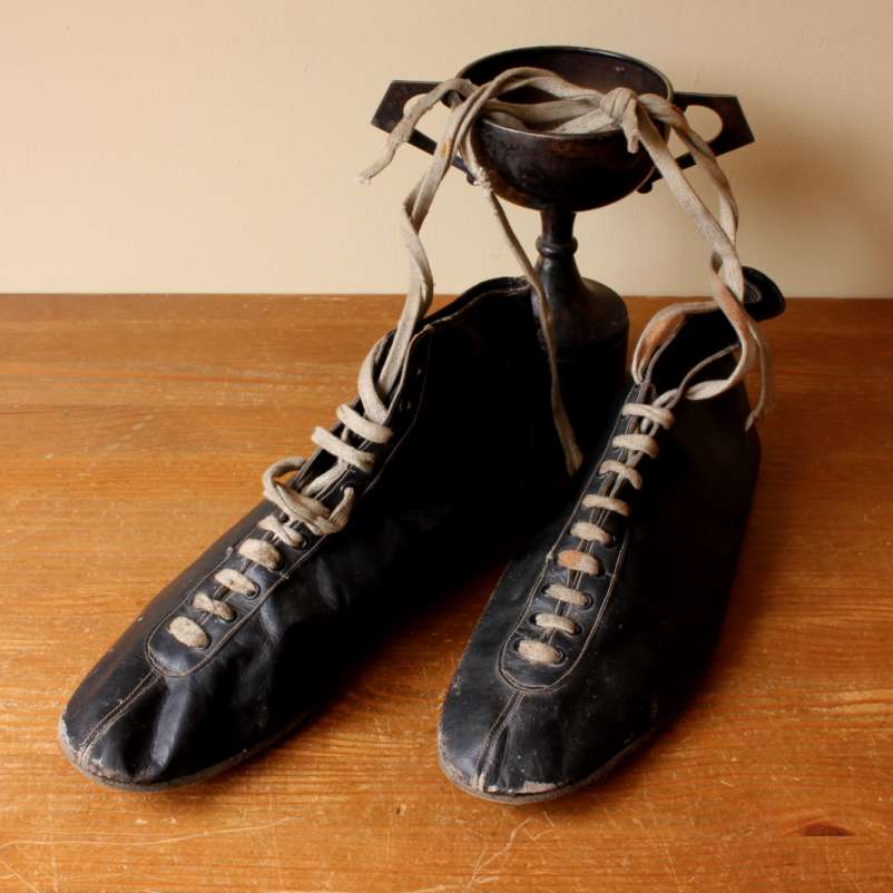 Vintage Black Leather Boxing Boots. Antique Shoes. c1930. Mancave, Gym.