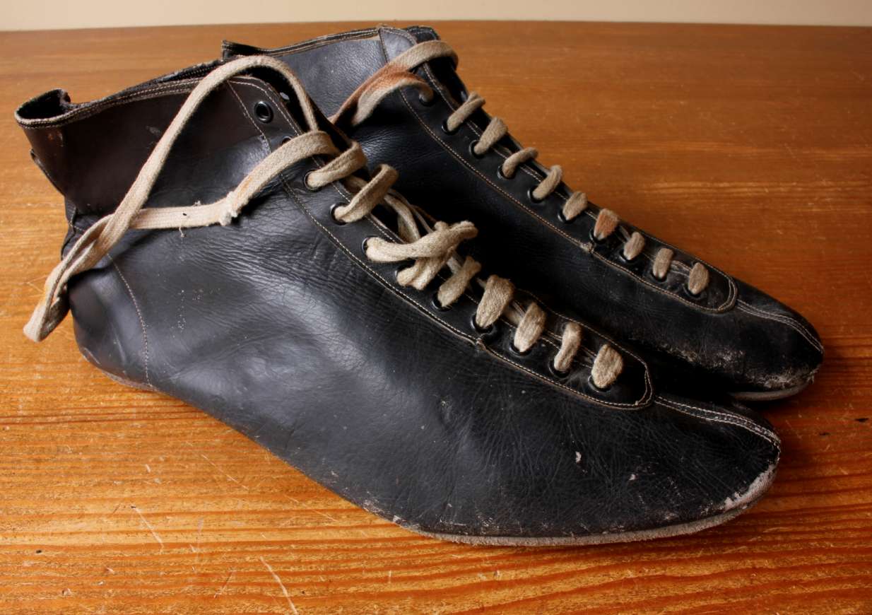 Vintage Black Leather Boxing Boots. Antique Shoes. c1930. Mancave, Gym.