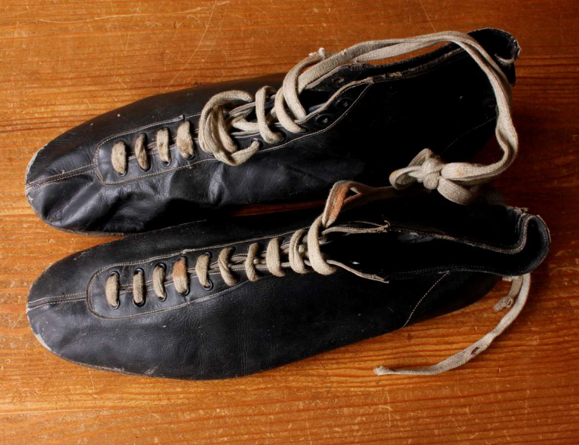 Vintage Black Leather Boxing Boots. Antique Shoes. c1930. Mancave, Gym.