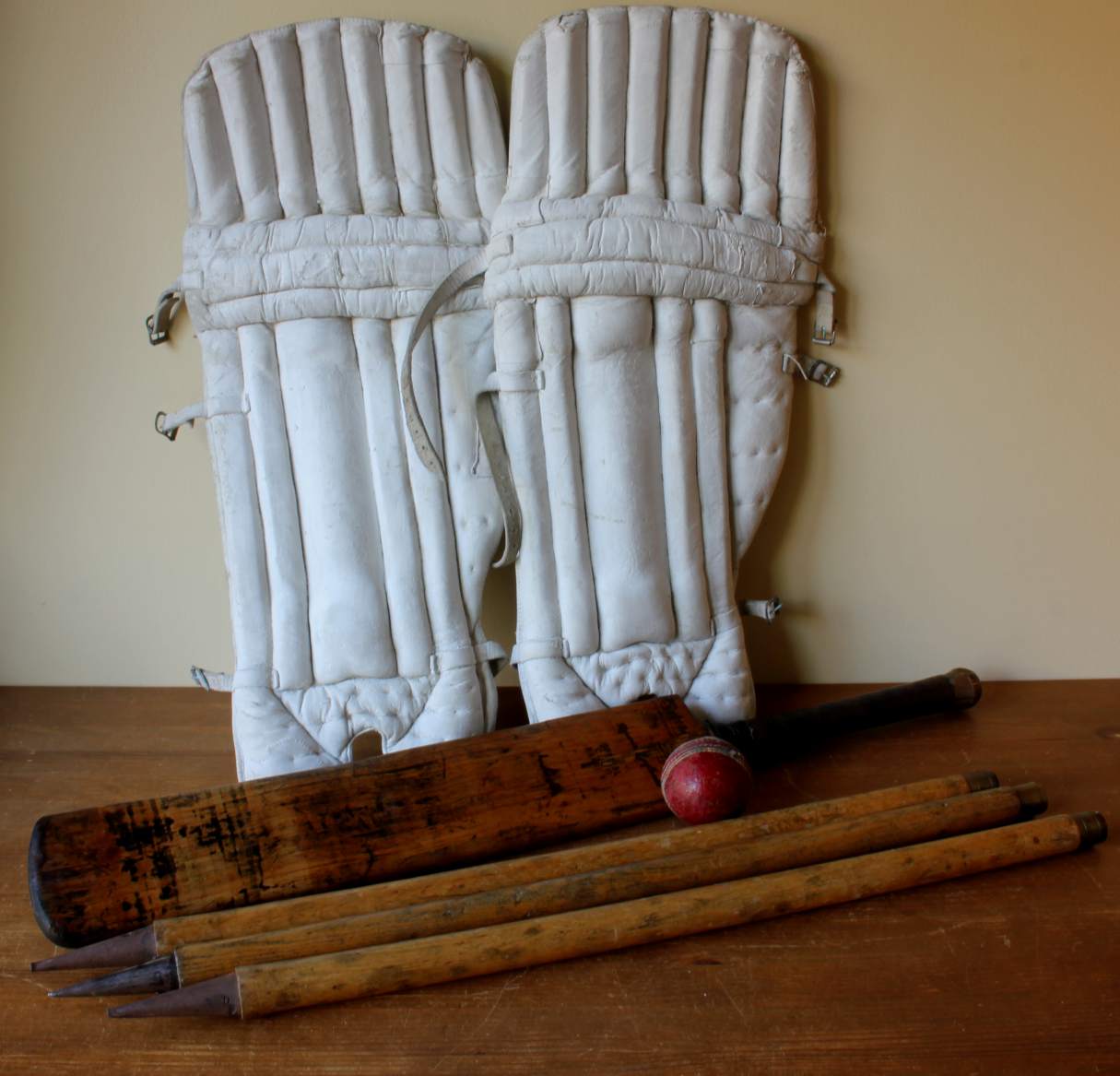 Cricket Kit. Pads, Bat, Stumps & Ball. Decorative, Sport, Bar, Shop.