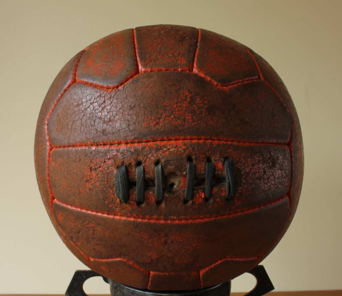 Vintage Red Leather Football. 18 Zig Zag Panel Laced Soccer Ball. c1950.