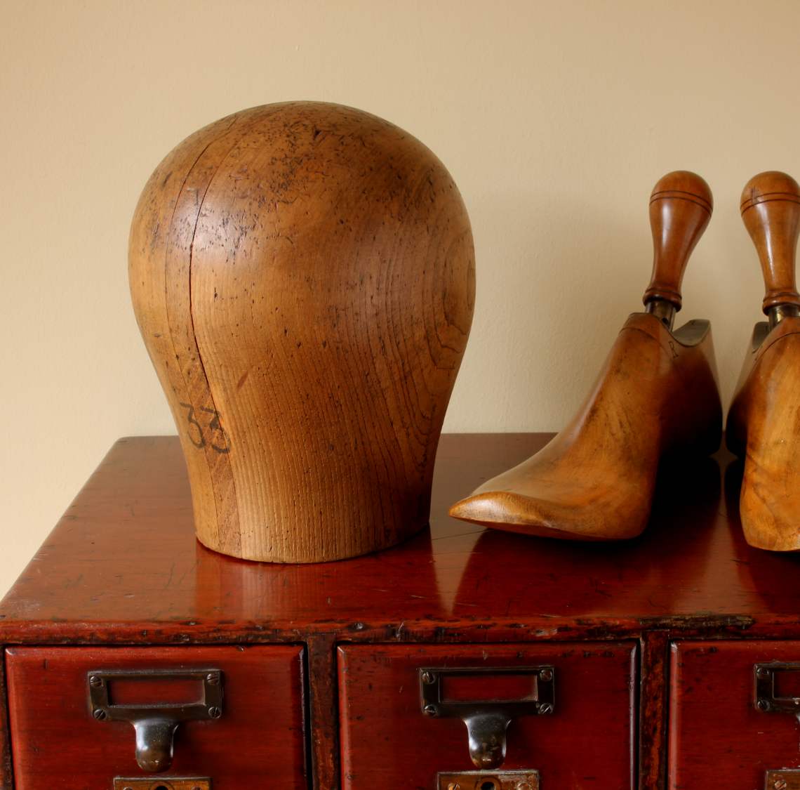 Wooden Head Hat Block. Milliners Stand, Brown Wig Display, Shop or Prop.