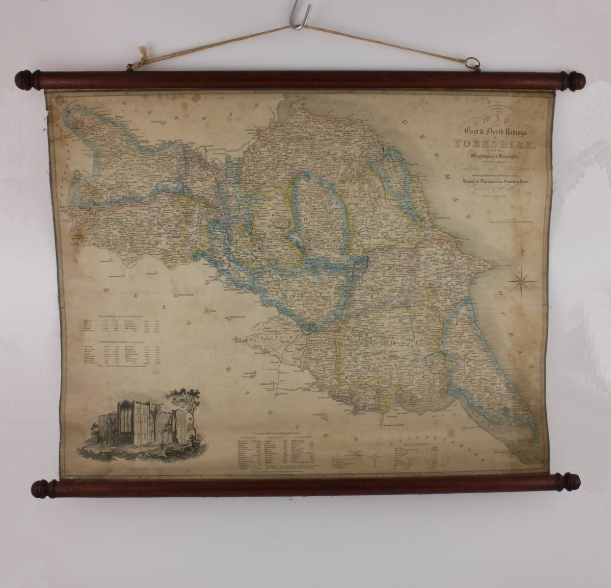 East & North Ridings Yorkshire Linen Hanging Wall Map. JH Franks. 1840.