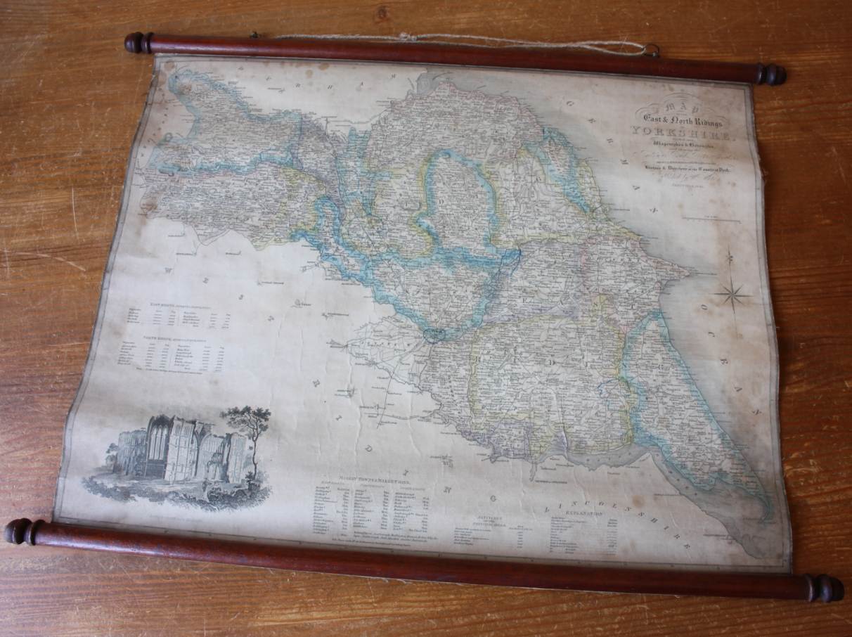 East & North Ridings Yorkshire Linen Hanging Wall Map. JH Franks. 1840.