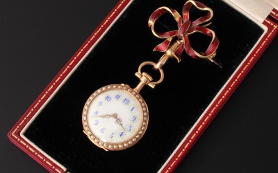Gold Enamel Watch Brooch