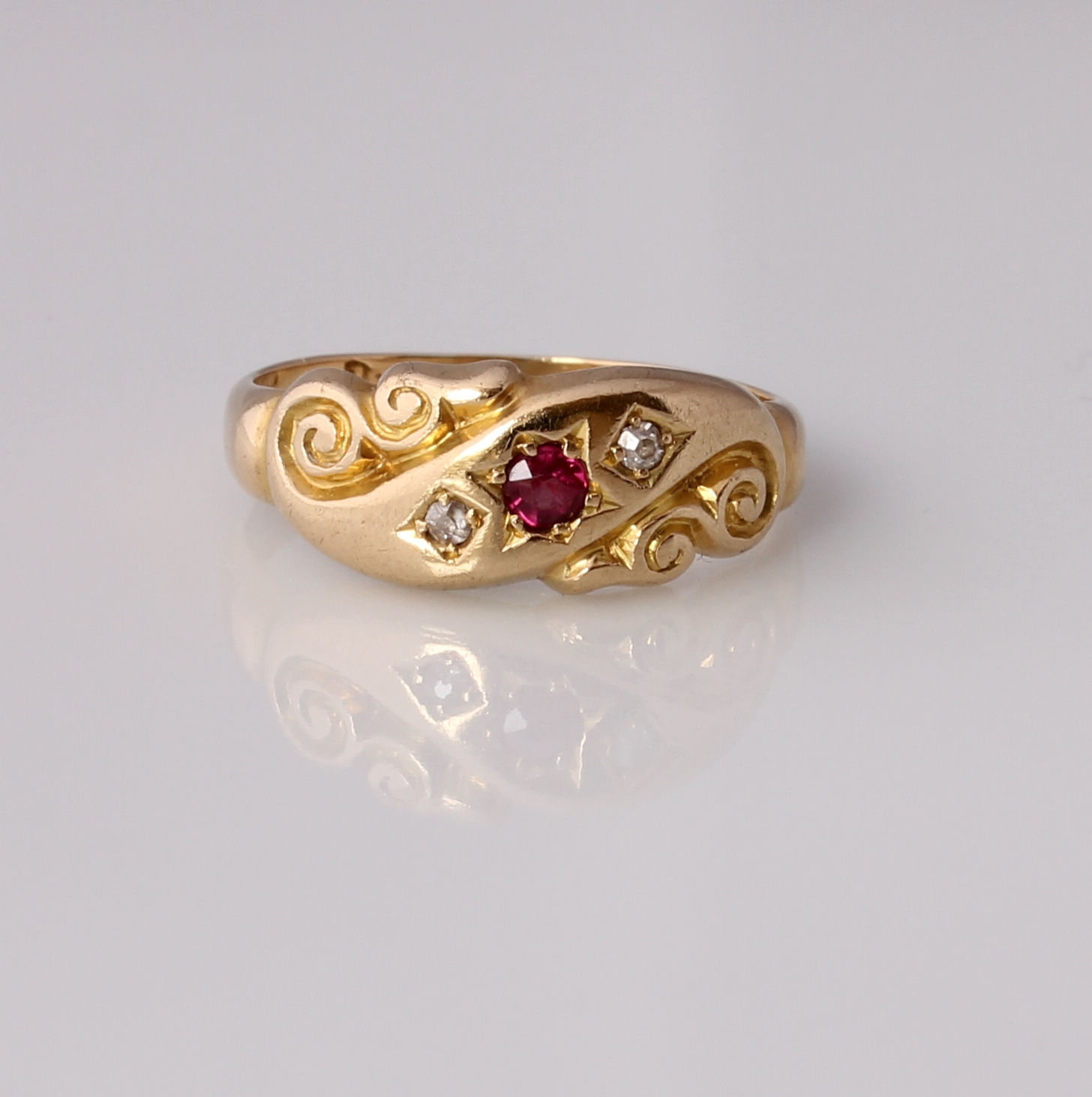 Victorian 18ct Yellow Gold Ruby & Diamond Gypsy Ring. Antique. Size K 1/2