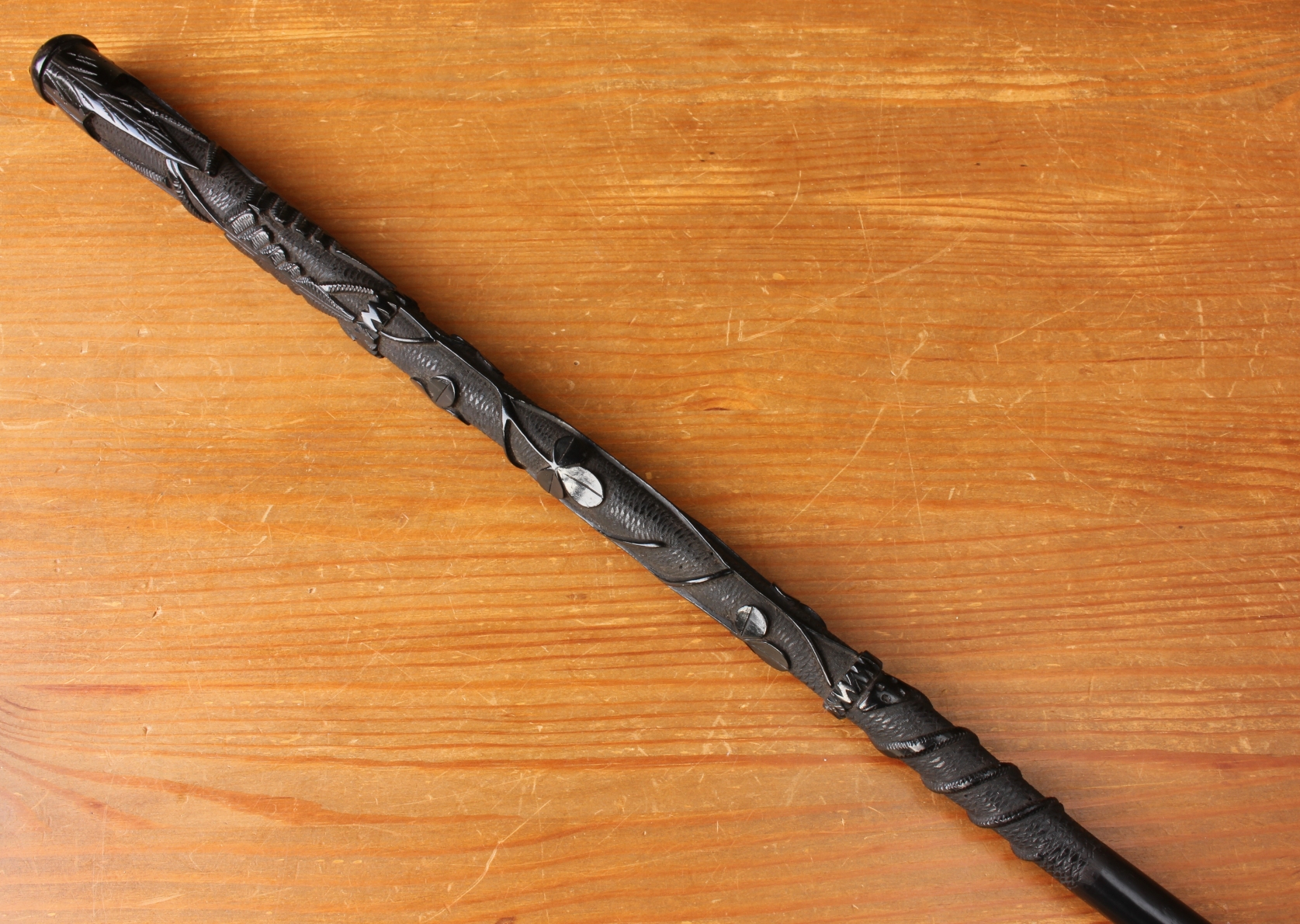 Irish Bog Oak Walking Stick Cane. Hand Carved Snake, Fern Leaf, Clover.