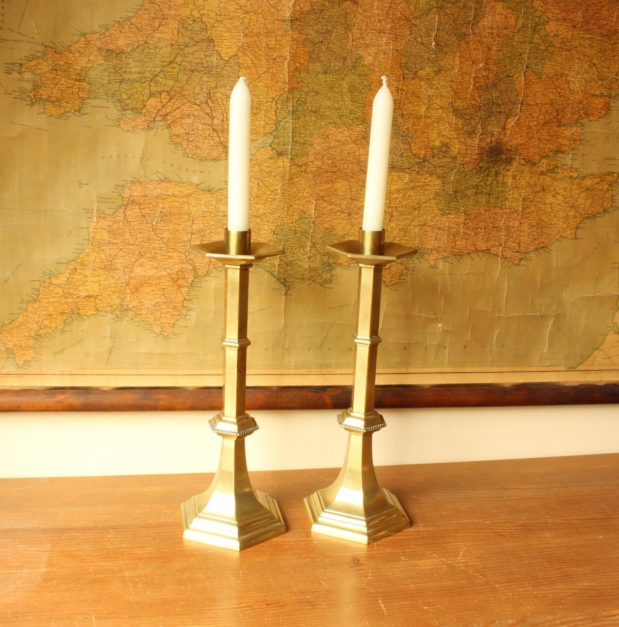 Pair of Large and Heavy Brass Ecclesiastical Altar Candlesticks. Candle