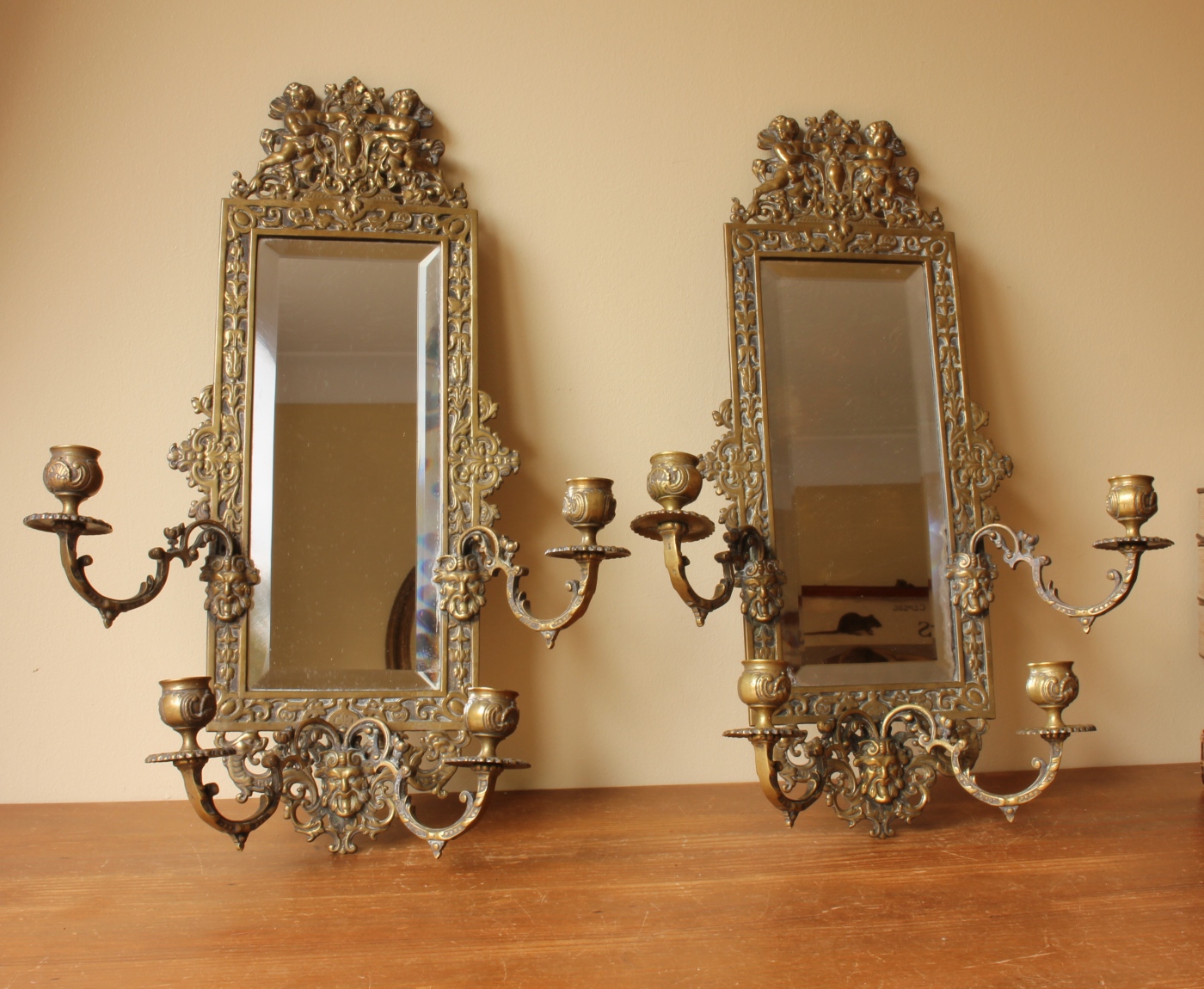 Pair French Brass Ornate Wall Mirrors. 19th Century With Face Masks.