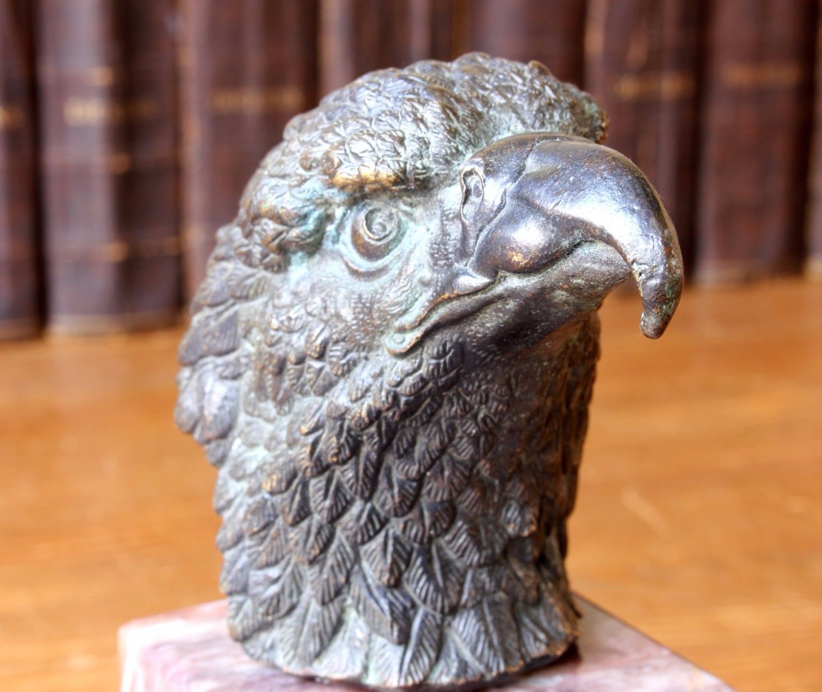 Art Deco Marble Desk Stand Inkwell Pen Tray with Bronze Eagle Head c1930.
