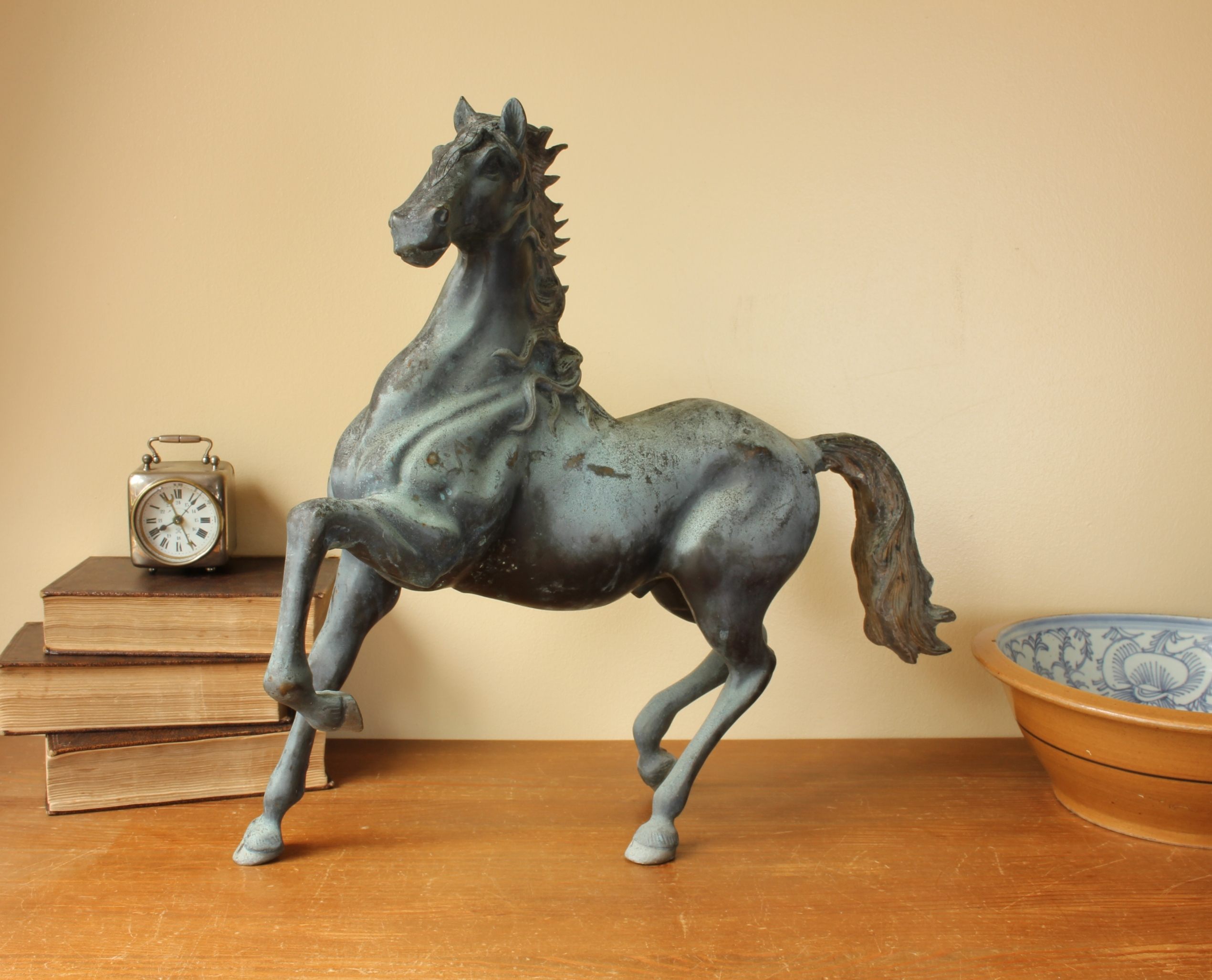 Large Heavy Bronze Horse Statue Figure. Verdigris Garden Equine Ornament.