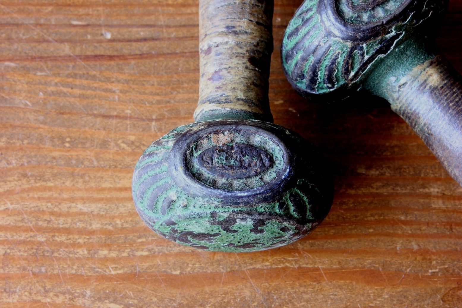 Victorian 2 lb Cast Iron Kenrick Dumbbells c1870.