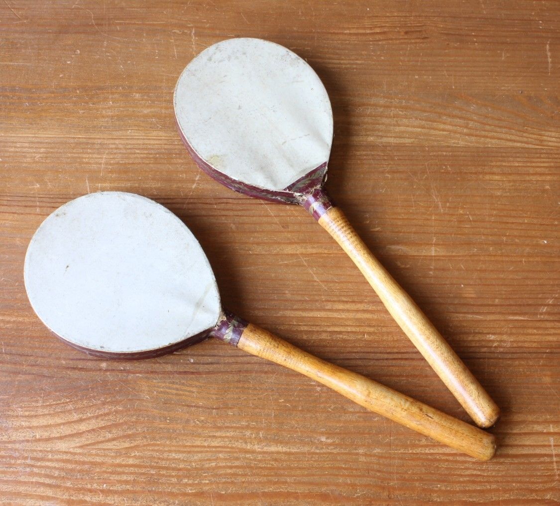 Child Ping Pong Table Tennis Bats. Small Vellum Gossima Paddles c1900.