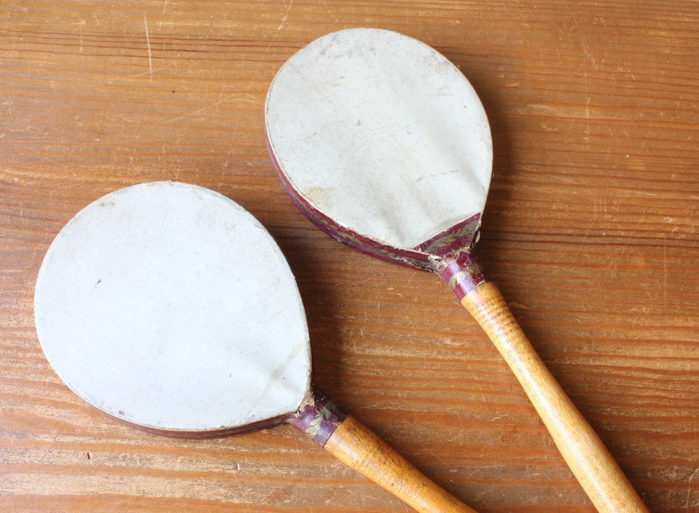 Child Ping Pong Table Tennis Bats. Small Vellum Gossima Paddles c1900.