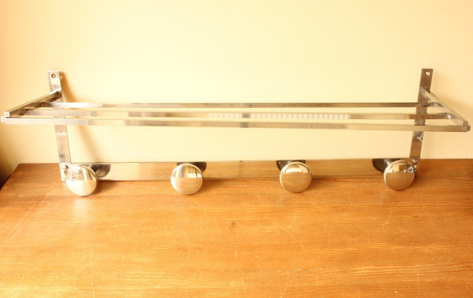 Art Deco French Chrome Coat Hat Luggage Rack. Vintage Wall Hook Shelf