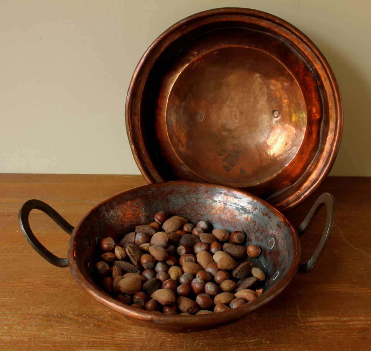 French Copper Chestnut Roaster Pan & Lid. Rustic Lidded Nut Dish Bowl.