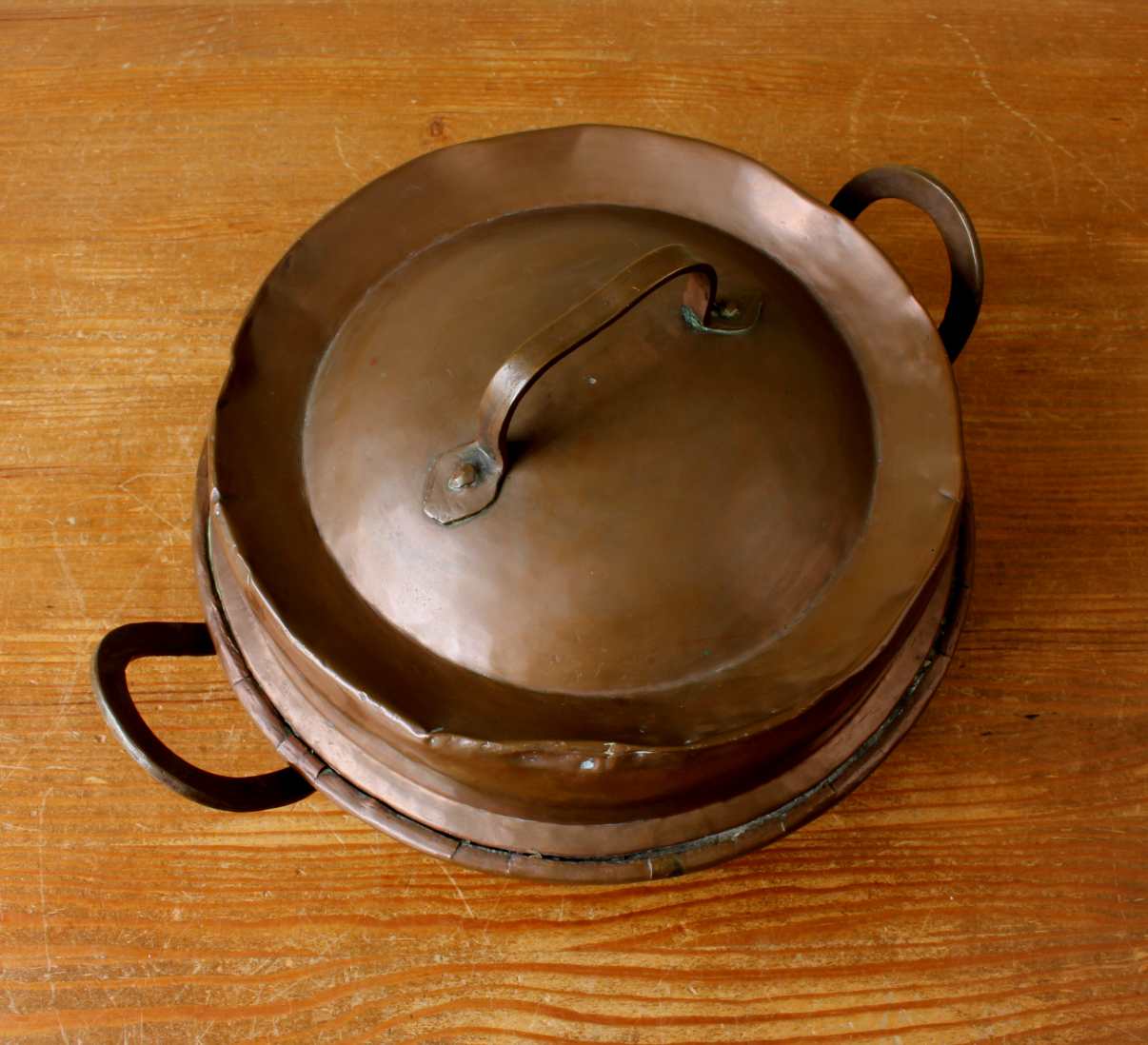 French Copper Chestnut Roaster Pan & Lid. Rustic Lidded Nut Dish Bowl.