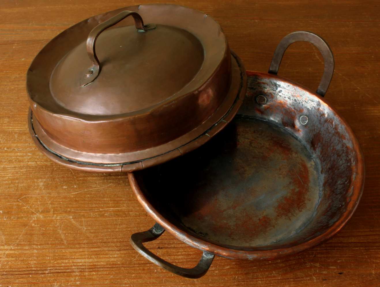French Copper Chestnut Roaster Pan & Lid. Rustic Lidded Nut Dish Bowl.