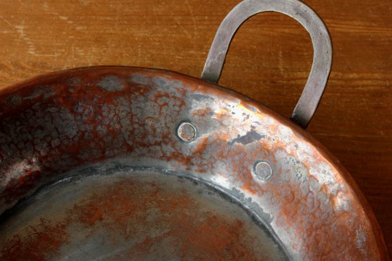 French Copper Chestnut Roaster Pan & Lid. Rustic Lidded Nut Dish Bowl.