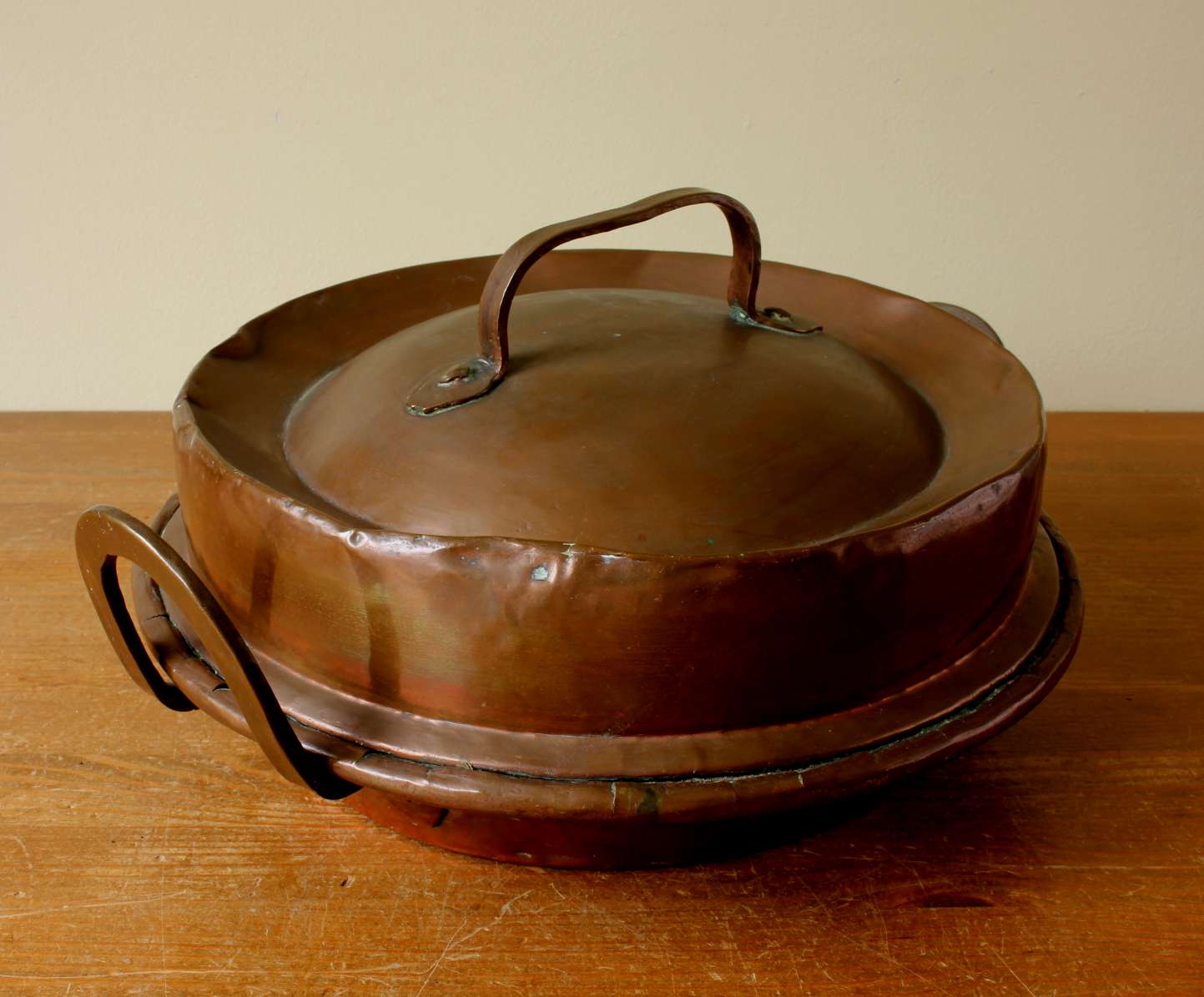 French Copper Chestnut Roaster Pan & Lid. Rustic Lidded Nut Dish Bowl.