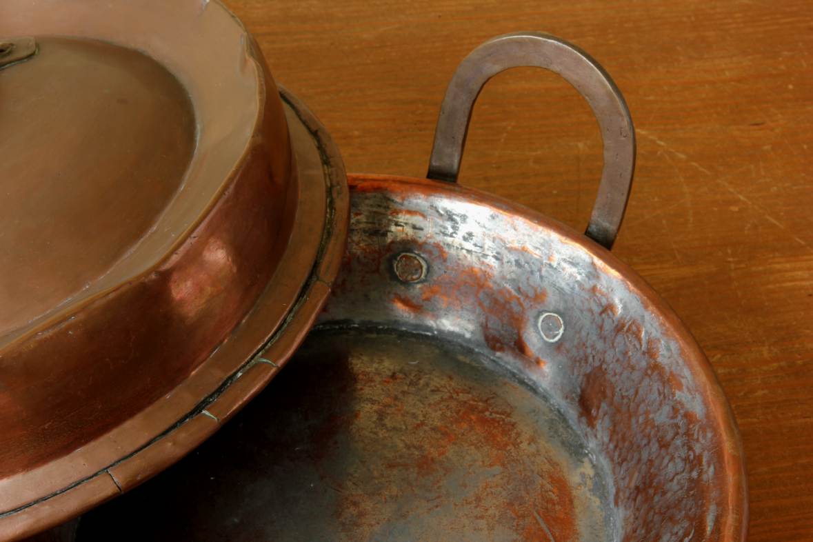 French Copper Chestnut Roaster Pan & Lid. Rustic Lidded Nut Dish Bowl.