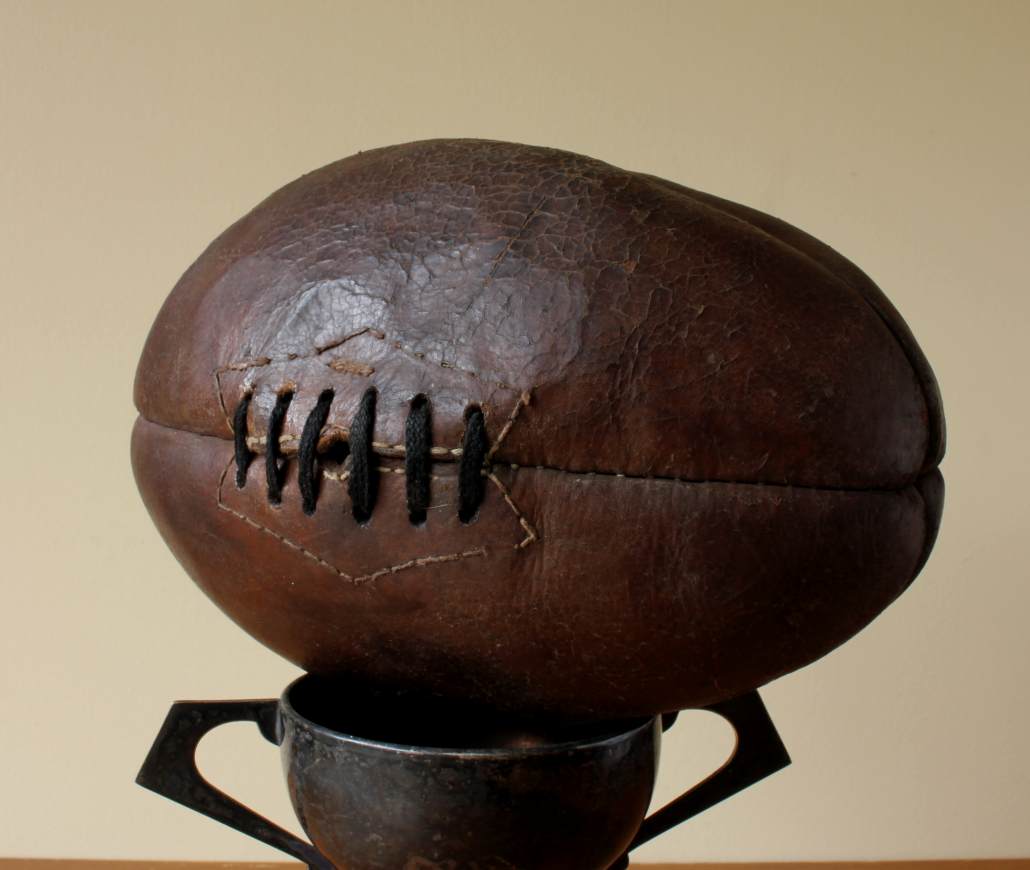Original Antique Brown Leather 4 Panel Laced Rugby Ball. c1920.
