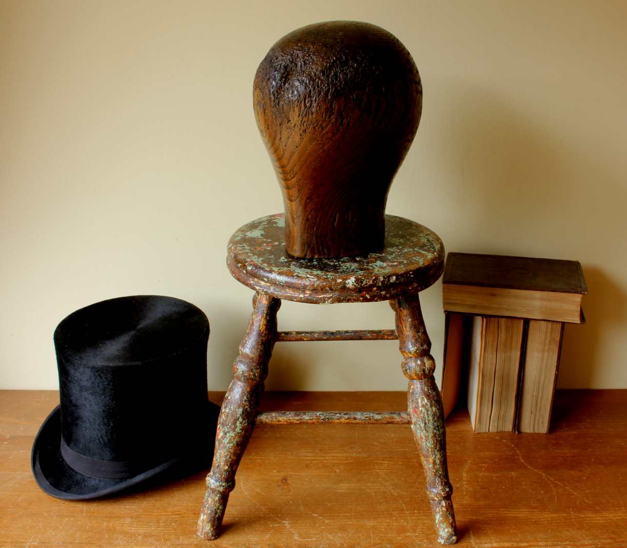Antique Milliners Wooden Hat Block. Rich Wood Brown Wig Stand.
