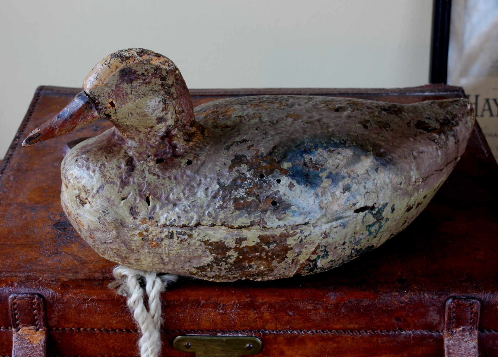 Early Painted Cork Decoy Duck. Wood Beak. Folk Art Bird.