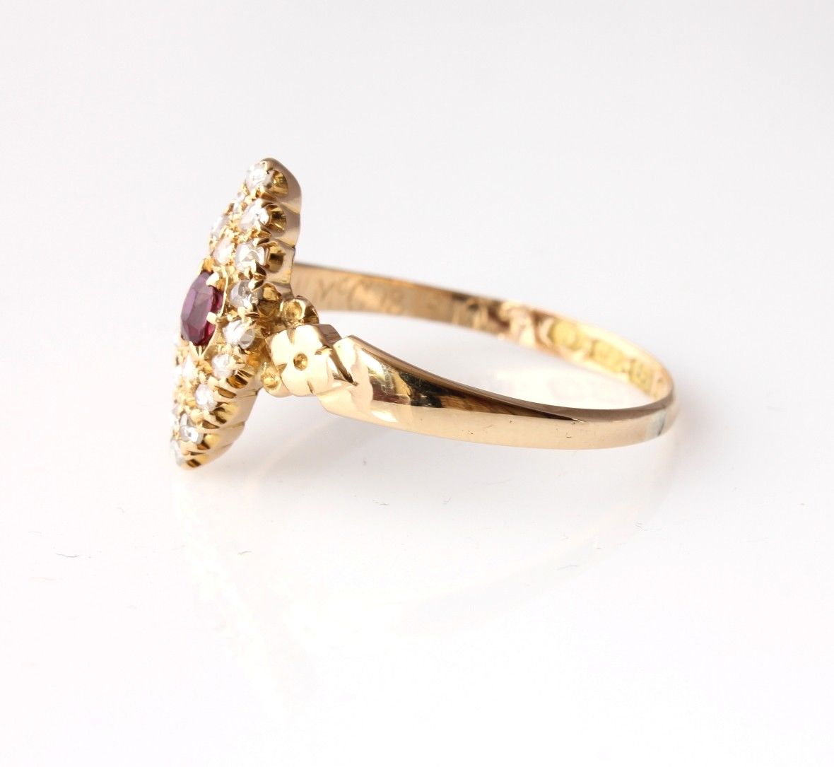 Edwardian 18ct Gold Ruby & Natural Diamond Marquise Ring. 1902. Size Q.