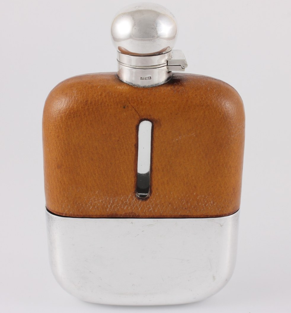Large James Dixon Silver Plate & Leather Spirit Hip Flask & Cup c1915.