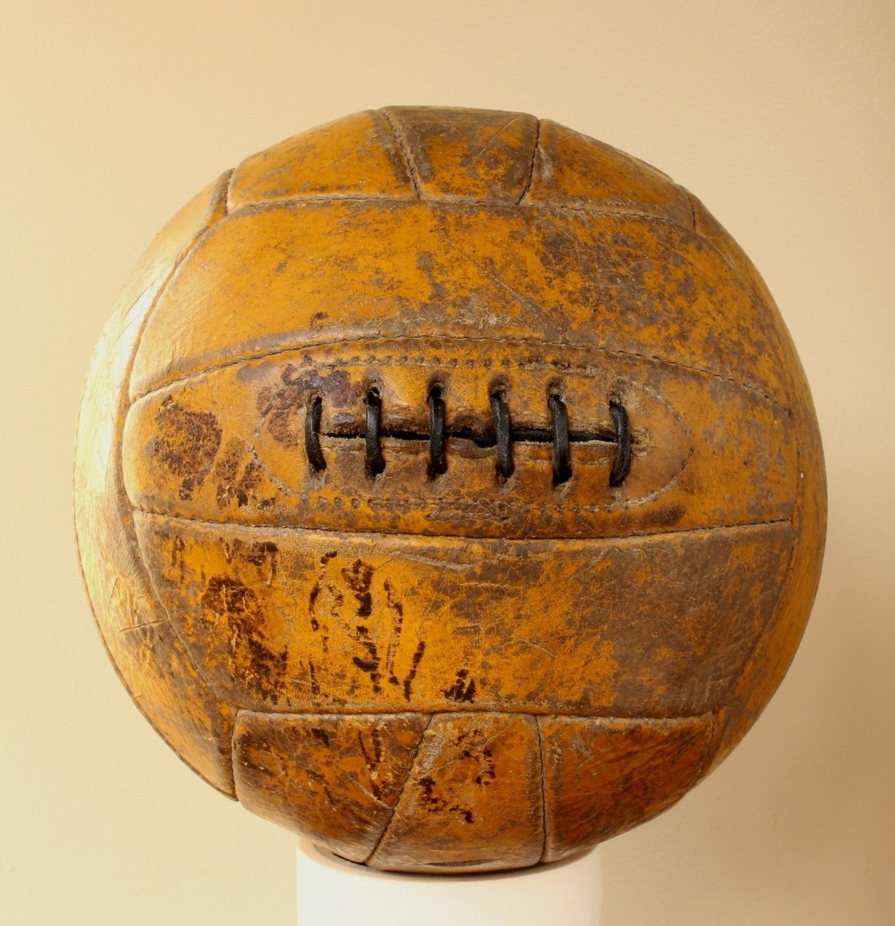 Vintage 1950s Football. Large 18 Panel Tan Leather Old Laced Soccer Ball.