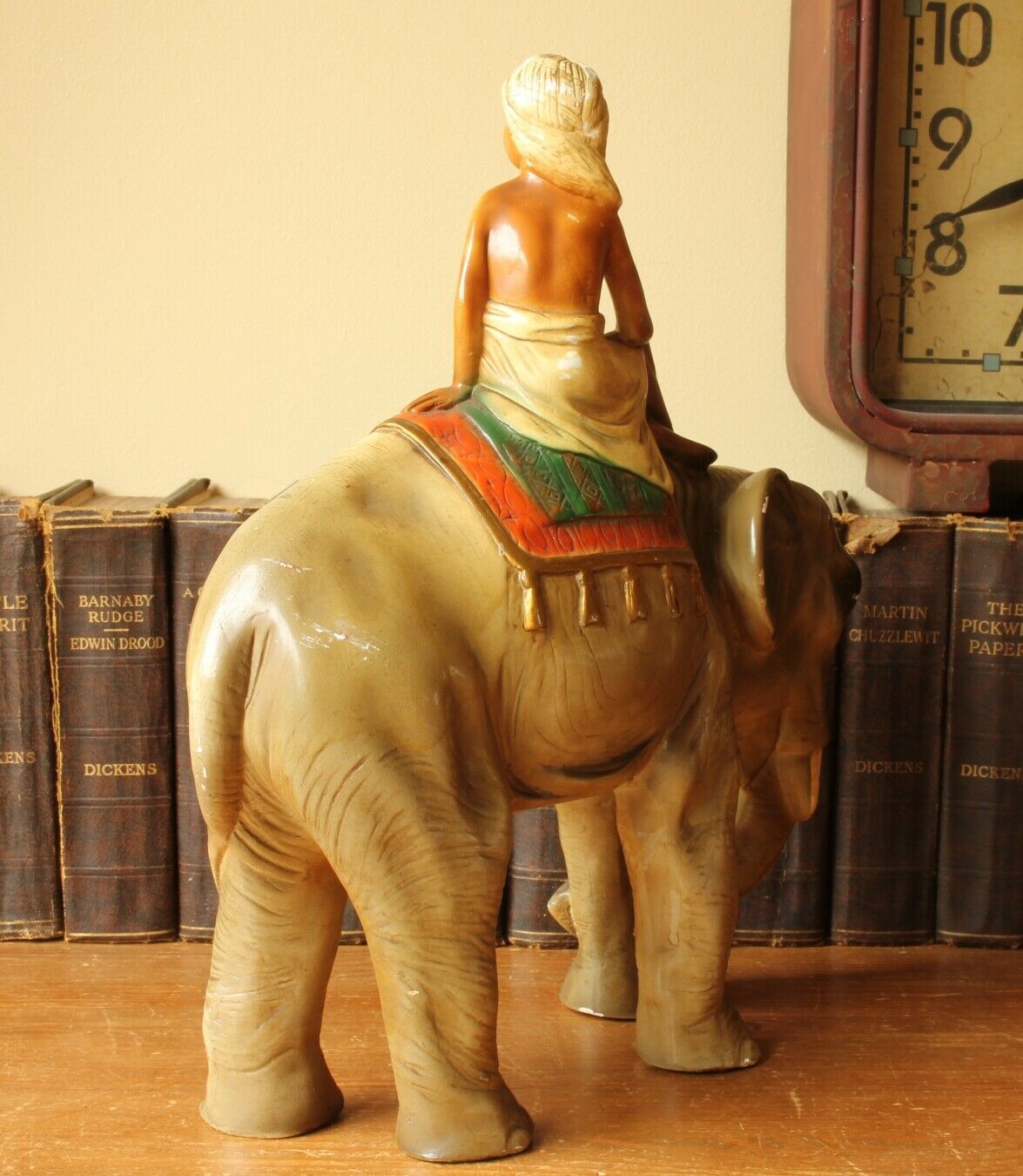 Large Elephant and Mahout Figure. Retro Kitsch Animal Statue Ornament.
