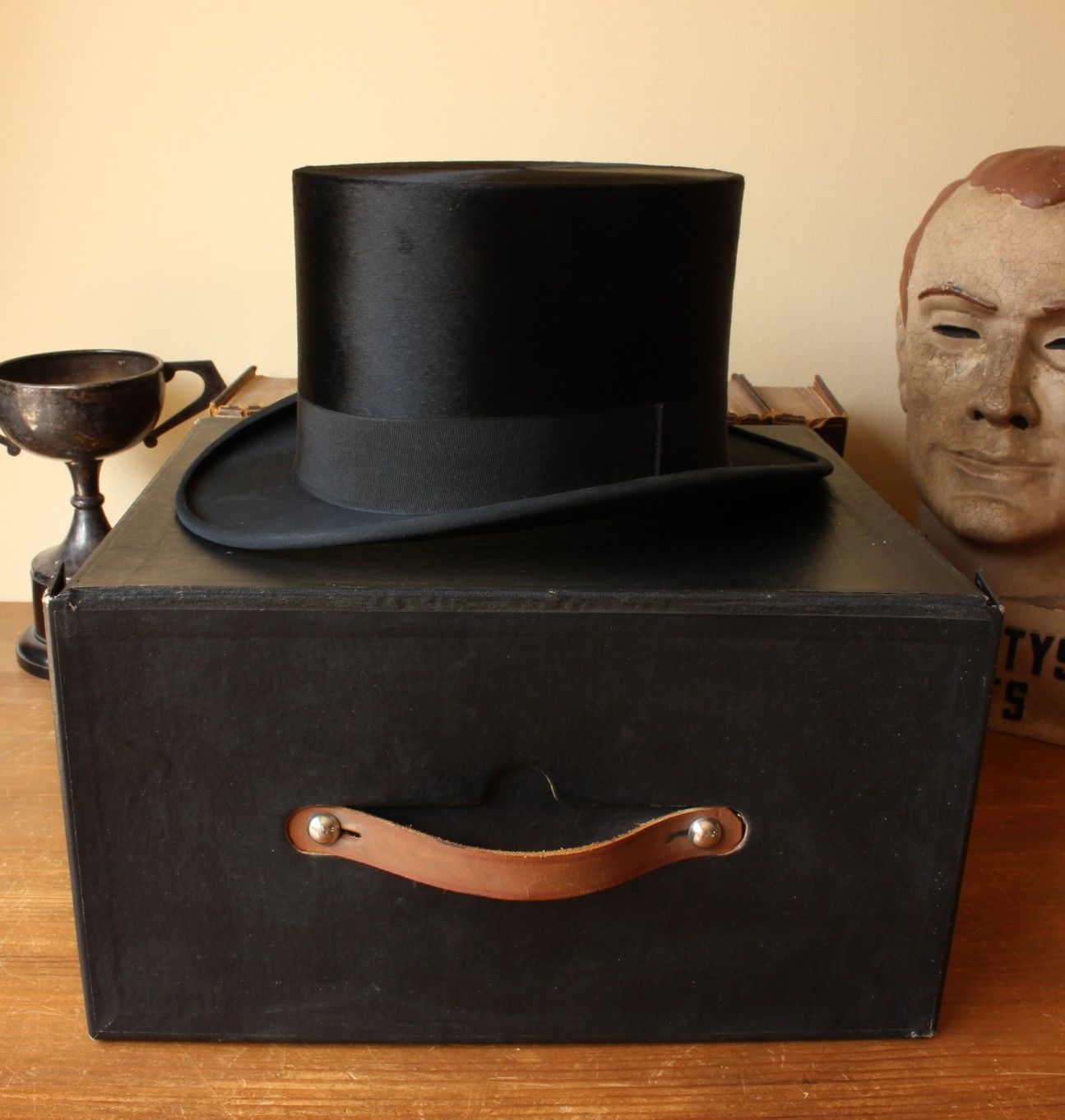 Empire Super Quality Silk Top Hat & Case. Antique Black Moleskin Plush