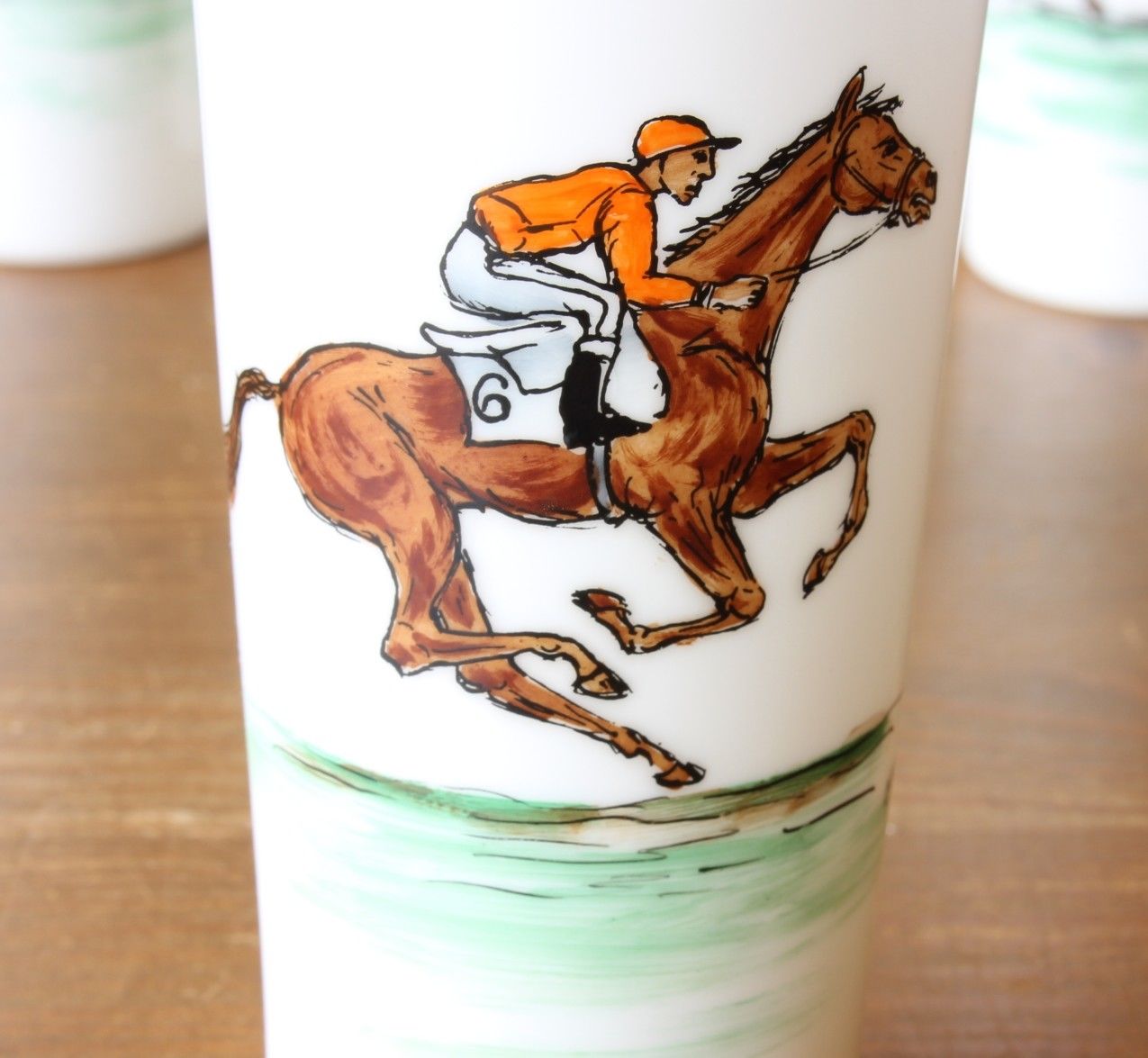 Vintage Opaline Horse Racing Jockey Beakers. 4 Hand Painted Equestrian