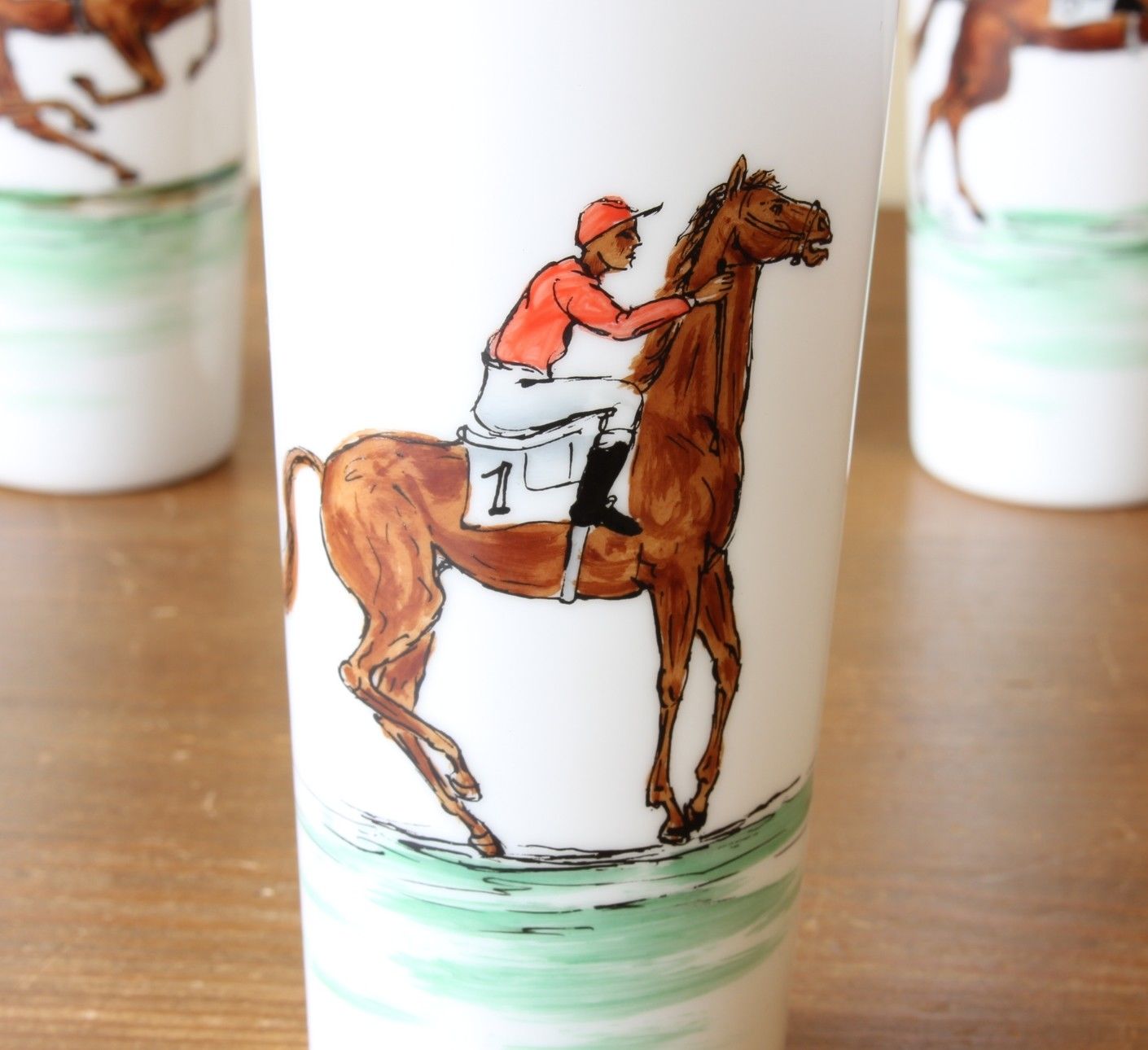 Vintage Opaline Horse Racing Jockey Beakers. 4 Hand Painted Equestrian