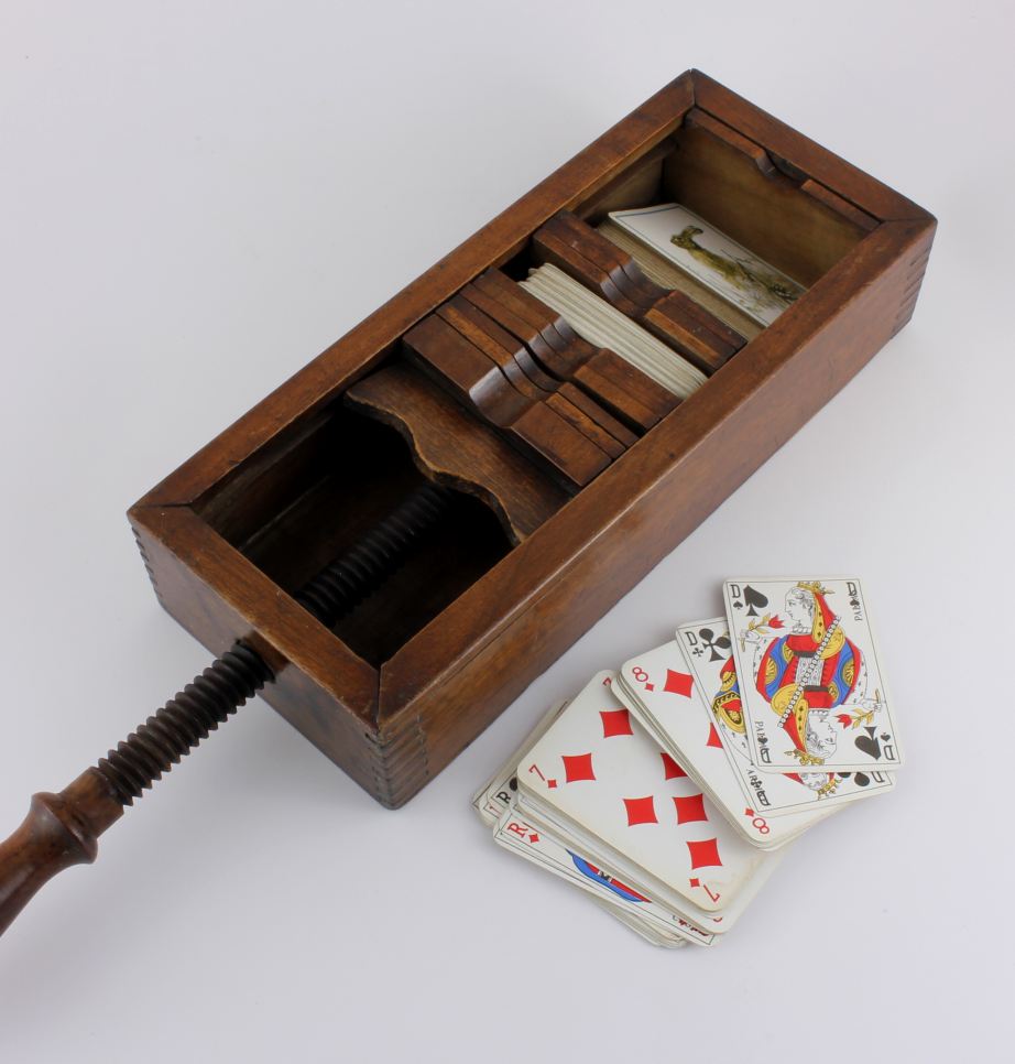 French Wood Playing Card Press. Wooden Card Clamp Storage Box. c1900.