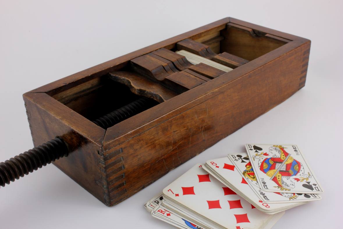 French Wood Playing Card Press. Wooden Card Clamp Storage Box. c1900.
