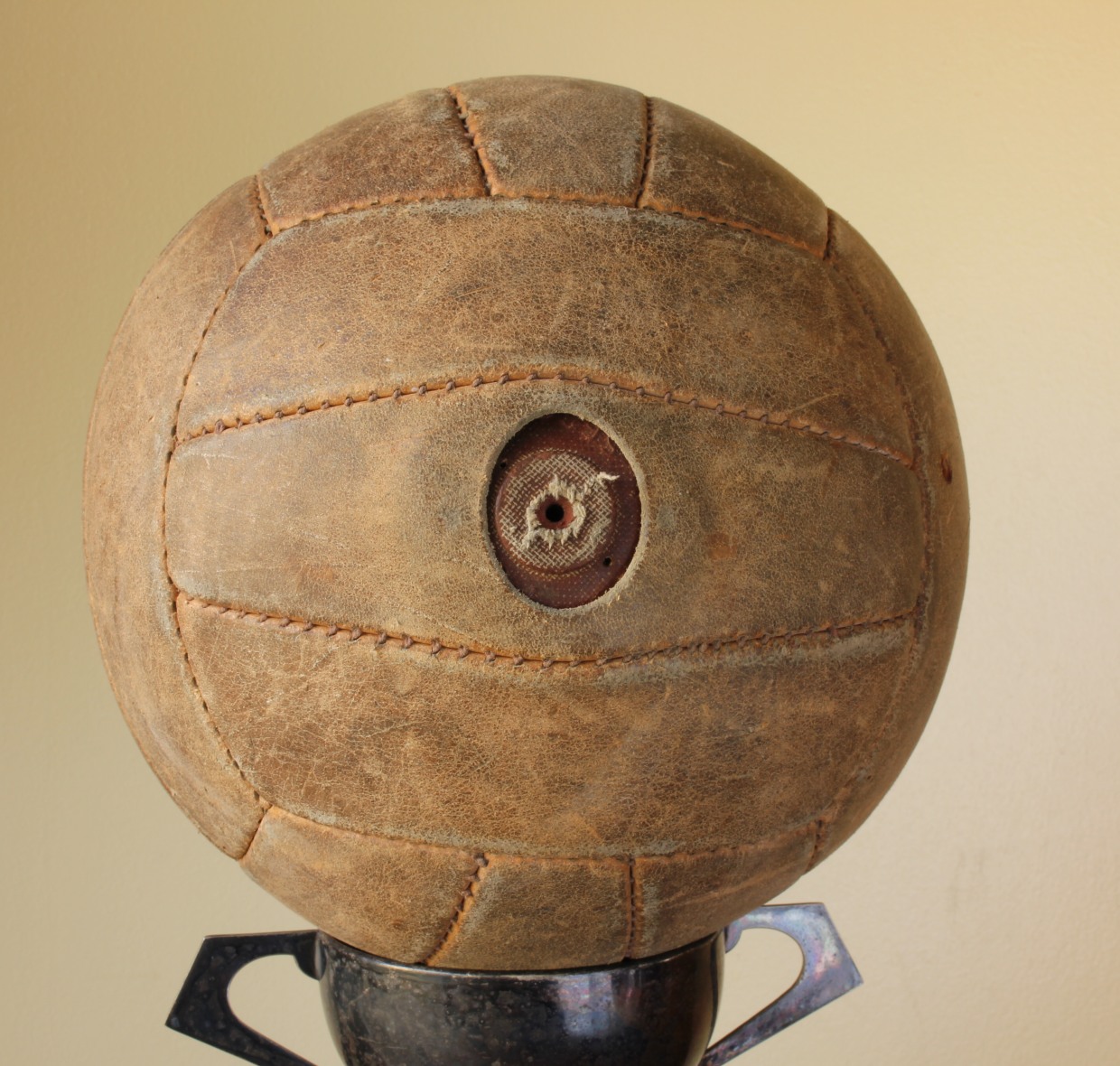 French Leather Football. Valve Hole Type 18 Panel Soccer Ball. 1960s.