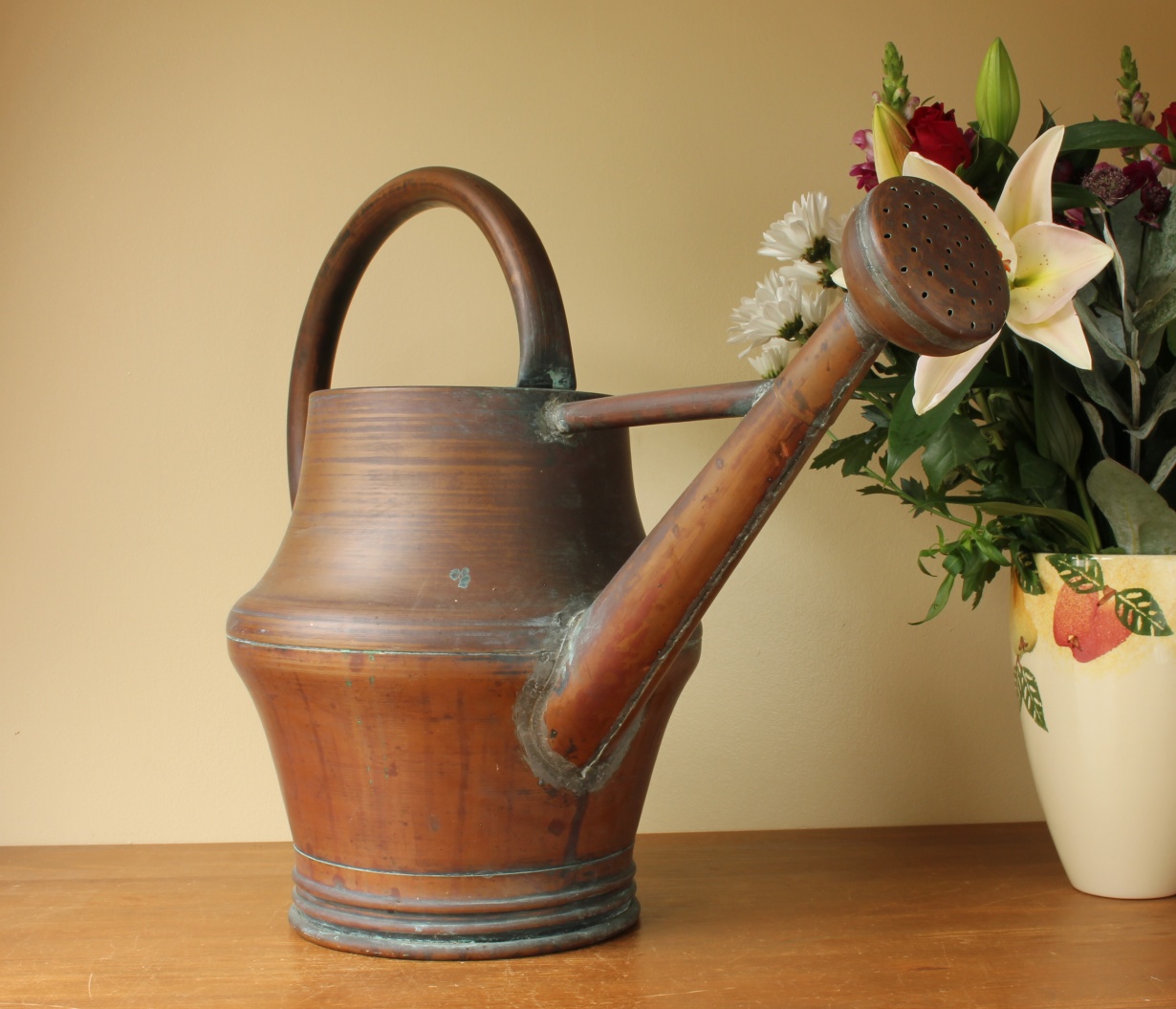 Large French Copper Watering Can. 19th Century Garden Rose Head Arrosoir.