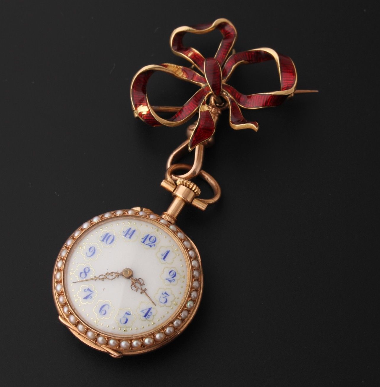 Antique French 18ct Gold Enamel & Seed Pearl Ladies Ribbon Brooch